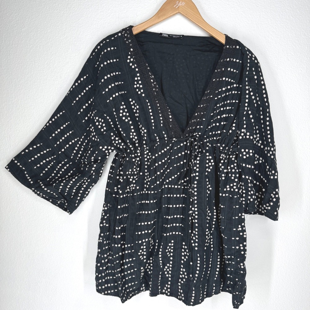 Zara Womens Black White Dotted V Neck Lace Trim Boho Tunic Top Small Oversized